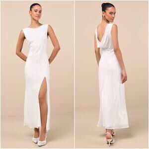 Lulus NWOT Yaneli White Boat Neck Cowl Back Sleeveless Fitted A-Line Maxi Dress